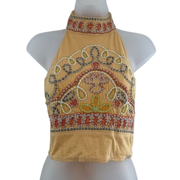 Free People Tops - Free People Goa Embroidered Crop Top Yellow Size XS Tie Back Boho Halter Beaded